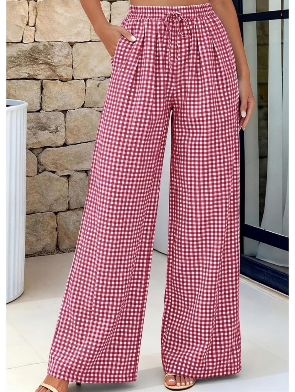 Wide-Leg Gingham Lounge Pants - Red/White